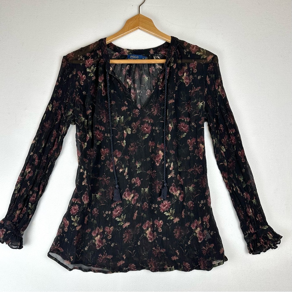 Polo Ralph Lauren Silk‎ Floral  Sheer Textured Crepe Blouse Office Whimigoth
